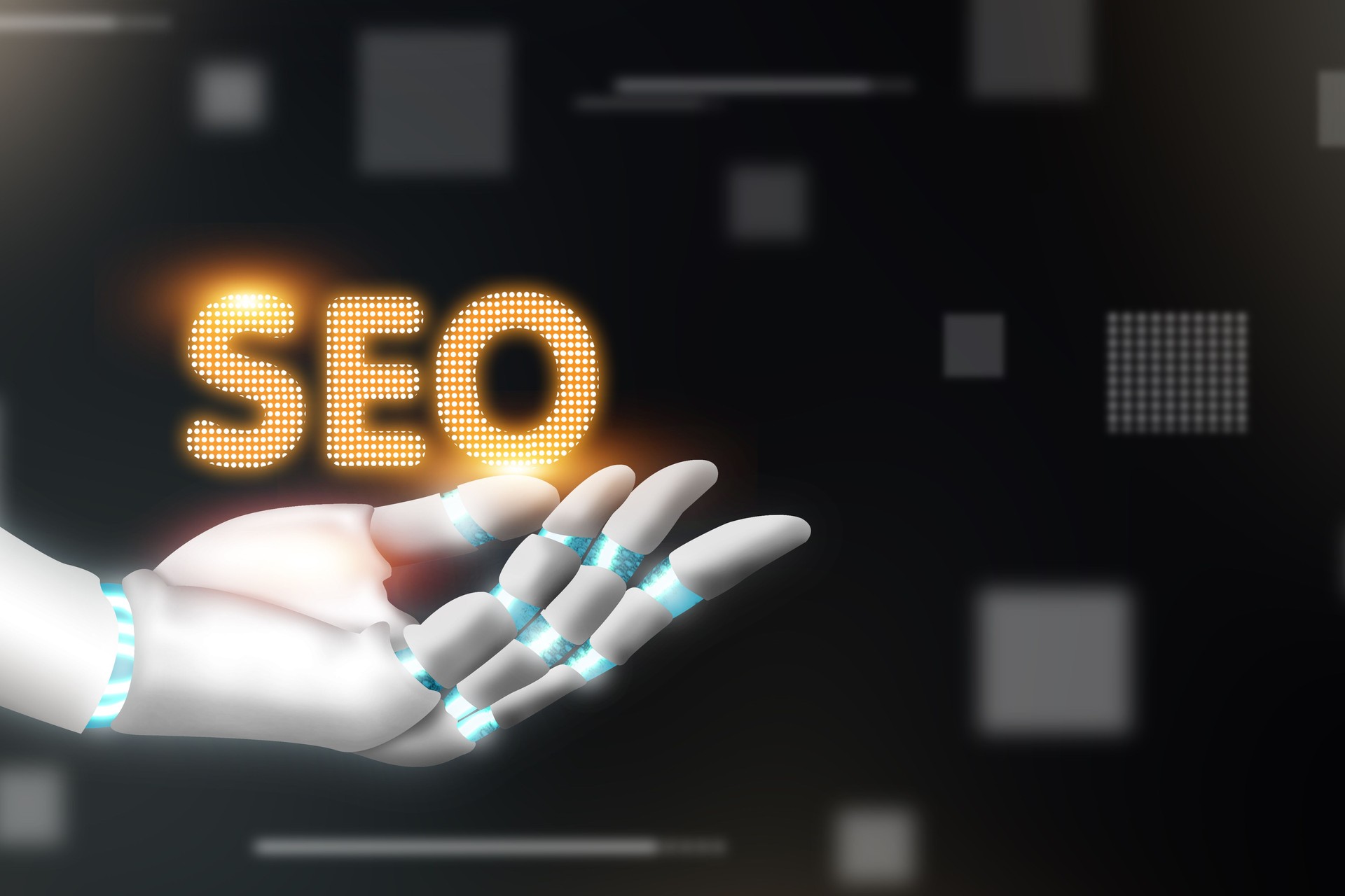 A robot is holding a hand with the letters SEO on it