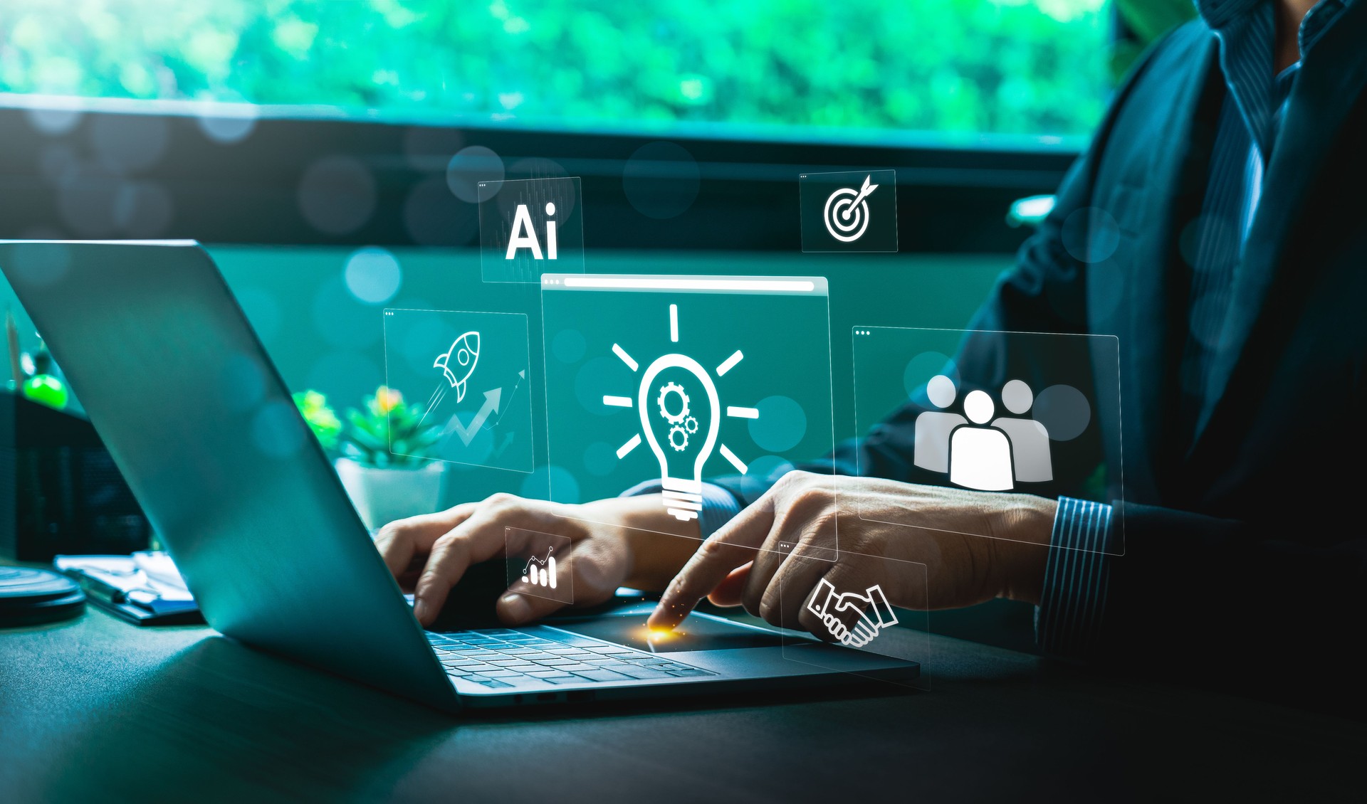 Business Professional Using AI-Driven Technology and Digital Tools for Innovative Problem Solving, Data Analysis, and Strategic Planning in a Modern Workspace Focused on Growth and Collaboration