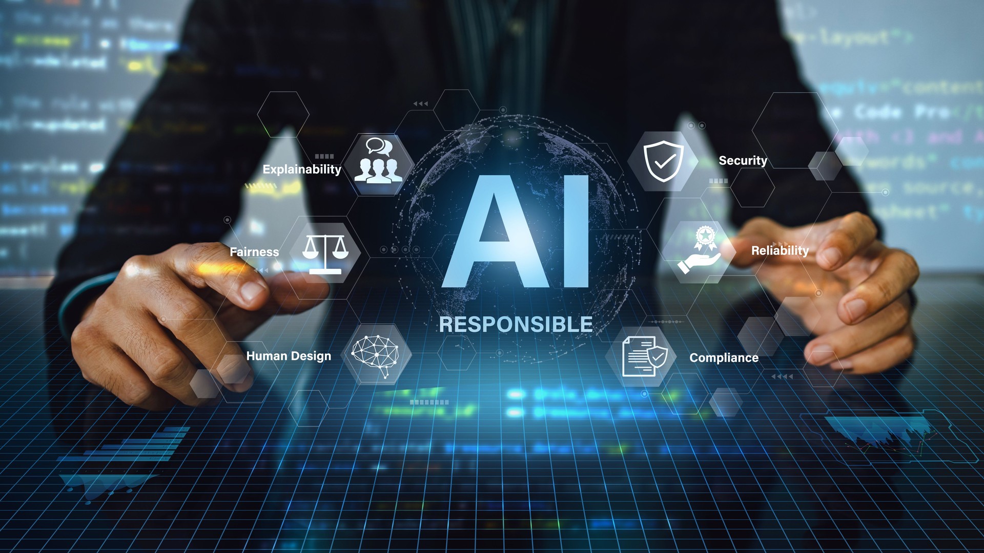 Responsible AI concept with ethical principles transparency and social impact in technology